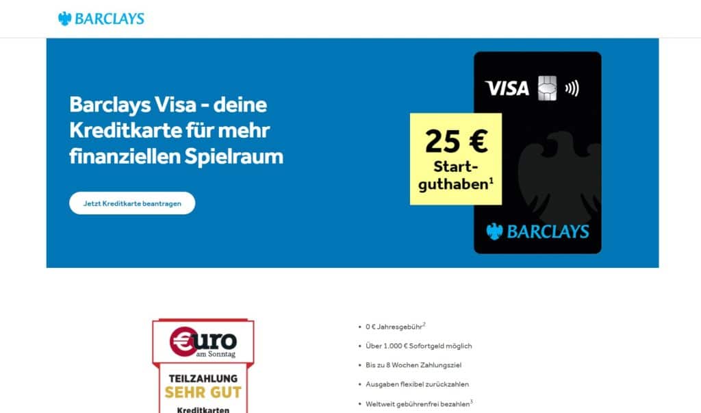 Barclays Visa Kreditkarte webseite.