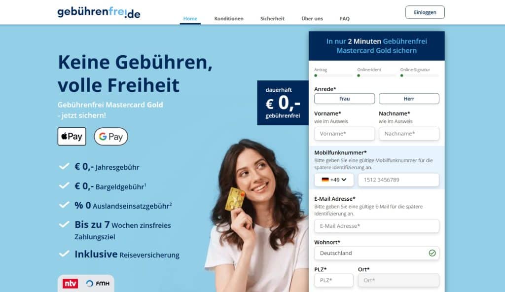 Gebührenfreie Mastercard Gold Kreditkarte webseite.