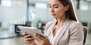 Mujer analizando datos financieros en una tablet con iconos de seguridad, simbolizando la alfabetización digital financiera para proteger el dinero en línea.