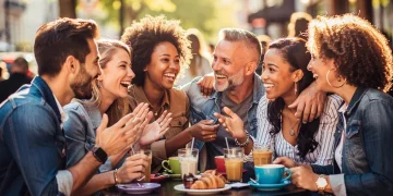 Grupo diverso de amigos riendo y conversando en una cafetería al aire libre, mostrando lazos sociales fuertes y conexión.