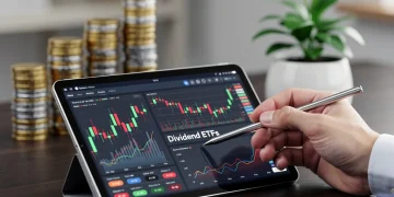 Hombre analizando gráficos de inversión en una tablet, con énfasis en ETFs de dividendos y crecimiento financiero.