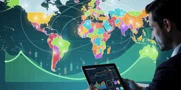 Analista financiero examinando datos de mercados emergentes con gráficos de crecimiento y conexiones globales, simbolizando la protección de capital y la diversificación estratégica.