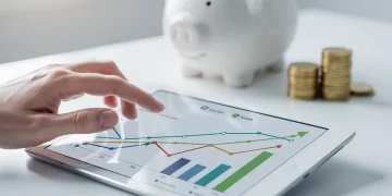Automatización financiera: Ahorra un 10% de tus ingresos sin esfuerzo en 2026 Mano interactuando con una tablet mostrando gráficos financieros, con una hucha y monedas, simbolizando el ahorro automático y el crecimiento financiero.