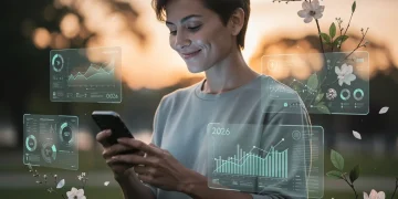 Persona utilizando herramientas de bienestar digital para mejorar su salud mental en 2026, con un entorno equilibrado y tecnología integrada.