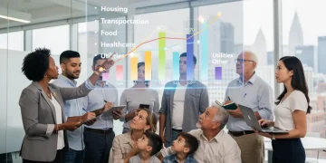 Coste de Vida en EE. UU. 2026: Planifica Tus Finanzas Personas de diversas edades y orígenes estudiando un gráfico proyectado sobre el coste de vida en Estados Unidos para 2026, con proyecciones de gastos de vivienda, transporte y salud.