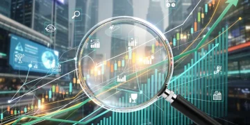 Gráfico financiero mostrando un crecimiento del 18% con flechas ascendentes y sectores económicos interconectados, simbolizando oportunidades de inversión para 2026.