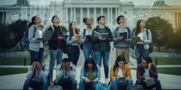 Estudiantes universitarios preocupados frente a un edificio gubernamental, simbolizando la crisis de deuda estudiantil y las nuevas políticas en EE. UU.