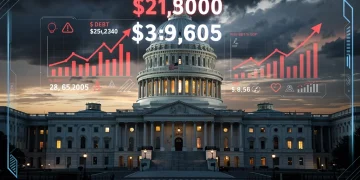 Edificio del Capitolio de EE. UU. con gráficos de deuda creciente, simbolizando la deuda nacional de 35 billones de dólares en 2026.