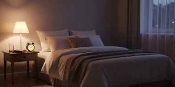 Dormitorio tranquilo al anochecer con iluminación suave y cama acogedora para un sueño reparador.