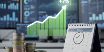 Gráfico financiero mostrando un 7% de ganancia en 3 meses con opciones de inversión de bajo riesgo.