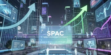 Paisaje urbano futurista con líneas de datos financieros que representan el futuro de las SPACs en 2026 y oportunidades de inversión de alto rendimiento.