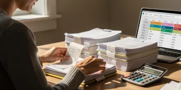 Persona gestionando sus finanzas, con calculadora y ordenador portátil, simbolizando el control del presupuesto.