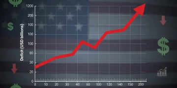 Gráfico que muestra el aumento del déficit presupuestario de EE. UU. proyectado al 6.5% del PIB para 2026, con elementos financieros y la bandera estadounidense.