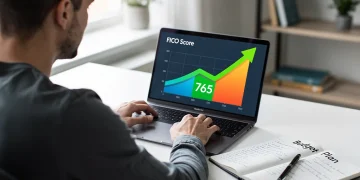 Gráfico en un portátil mostrando una puntuación FICO ascendente, con una persona tomando notas, simbolizando la mejora del crédito.