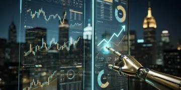 Interfaz digital futurista con gráficos financieros y un brazo robótico interactuando con una pantalla táctil, representando la inversión automatizada y los robo-advisors.