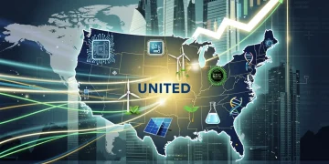 Representación visual del aumento de la inversión extranjera directa en EE. UU. para 2025, destacando sectores atractivos como tecnología y energías renovables.