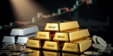 Barras y monedas de oro y plata con gráficos financieros de fondo, simbolizando inversión en metales preciosos.