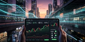 Paisaje urbano futurista con gráficos financieros, simbolizando inversiones en tecnología disruptiva.