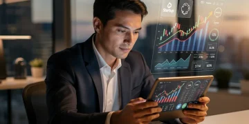 Inversor analizando datos de startups para identificar oportunidades de alto potencial de retorno.