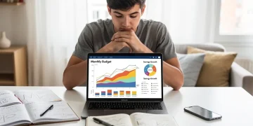 Joven adulto analizando sus finanzas con un portátil, planificando el futuro financiero.