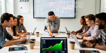 Grupo de jóvenes analizando gráficos financieros y estrategias de inversión para principiantes en 2026.