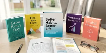 Pila de los 5 mejores libros de autoayuda de 2026 en una mesa de madera, con luz solar y ambiente inspirador.