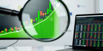 Lupa sobre gráfico de bolsa, simbolizando la búsqueda de microcaps con alto potencial de crecimiento.