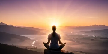 Persona meditando al amanecer en la cima de una montaña, recargando energías y encontrando paz interior.