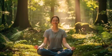 Persona meditando pacíficamente en un bosque verde, disfrutando de la conexión con la naturaleza y mejorando su humor.