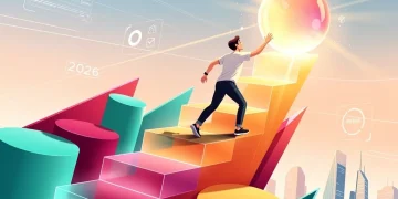 Persona subiendo una escalera de formas coloridas, simbolizando la motivación personal y el crecimiento hacia metas en 2026.