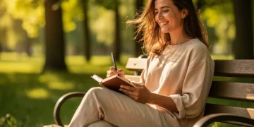 La ciencia detrás de la felicidad: 3 prácticas diarias Mujer sonriendo pacíficamente en un parque, escribiendo en un diario, simbolizando la felicidad y el bienestar.