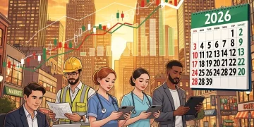Informe laboral de EE. UU. 2026: ¿El 3% de nóminas no agrícolas impulsa la inflación? Gráfico ascendente de nóminas no agrícolas con fondo de ciudad y personas trabajando, simbolizando el impacto del crecimiento laboral en la economía de EE. UU. para 2026.