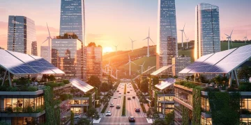 Paisaje urbano futurista alimentado por energía renovable al amanecer, simbolizando inversiones sostenibles y crecimiento.