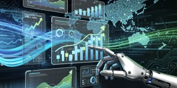 Panel de control financiero futurista con gráficos de IA mostrando crecimiento en carteras de inversión.