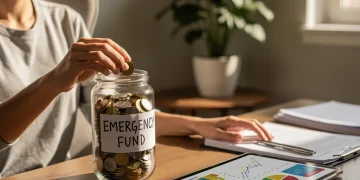 Persona ahorrando monedas en un tarro etiquetado como 'Fondo de Emergencia' con un calendario de 2026 y gráficos financieros.