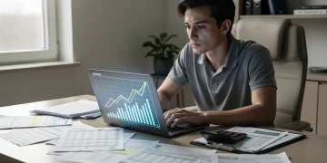 Persona analizando gráficos financieros en un ordenador portátil, representando la planificación y los errores financieros.