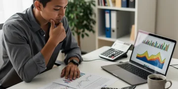 Persona analizando documentos financieros y gráficos en un ordenador, representando la planificación fiscal inteligente.