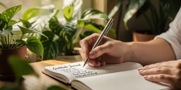Persona escribiendo en un diario de gratitud con luz natural y plantas