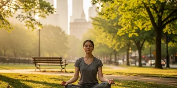 Persona meditando en un parque urbano de Estados Unidos, simbolizando la reducción del estrés a través del mindfulness.