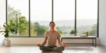 Persona meditando pacíficamente en un entorno moderno y sereno, simbolizando la recuperación del agotamiento.