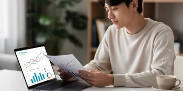 Persona concentrada revisando documentos financieros y gráficos en un portátil, simbolizando la psicología del dinero y la toma de decisiones económicas.