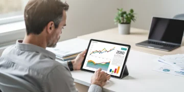 Persona planificando su ahorro para la jubilación en 2050 con una tableta y gráficos financieros.