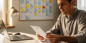 Persona planificando cómo saldar la deuda de su tarjeta de crédito en 24 meses con un calendario y calculadora.
