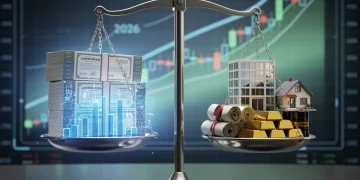 Representación visual de un portafolio de inversión diversificado con diferentes activos financieros simbolizando la reducción de riesgo y la asignación inteligente para 2026.
