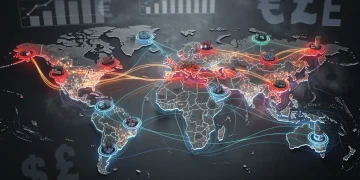 Sanciones comerciales de EE. UU.: Impacto en cadenas de suministro e inflación Red de cadenas de suministro globales afectadas por interrupciones y sanciones comerciales, con indicadores económicos de inflación y costes crecientes.