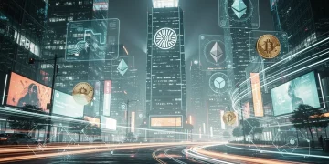 Regulaciones SEC 2026: Impacto en inversiones cripto Futurista ciudad digital con símbolos de criptomonedas y el logo de la SEC, representando el impacto regulatorio en el mercado cripto.