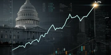 Gráfico del rendimiento del Tesoro de EE. UU. a 10 años alcanzando el 4.2%, con proyecciones para 2026 y elementos económicos de fondo.