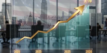 Gráfico digital mostrando un crecimiento financiero del 7% con hitos de 2025 y 2026, representando el futuro de los fondos de pensiones en EE. UU.