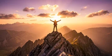 Persona resiliente en la cima de una montaña al amanecer, simbolizando la superación de desafíos.