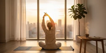 Persona estirándose y meditando al amanecer, con una taza de café, simbolizando una rutina matutina productiva.